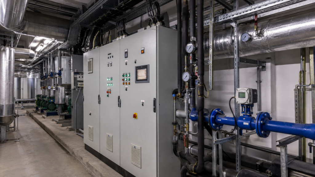 Řídicí rozvaděč s monitoringem technologií, energií a vody v budově